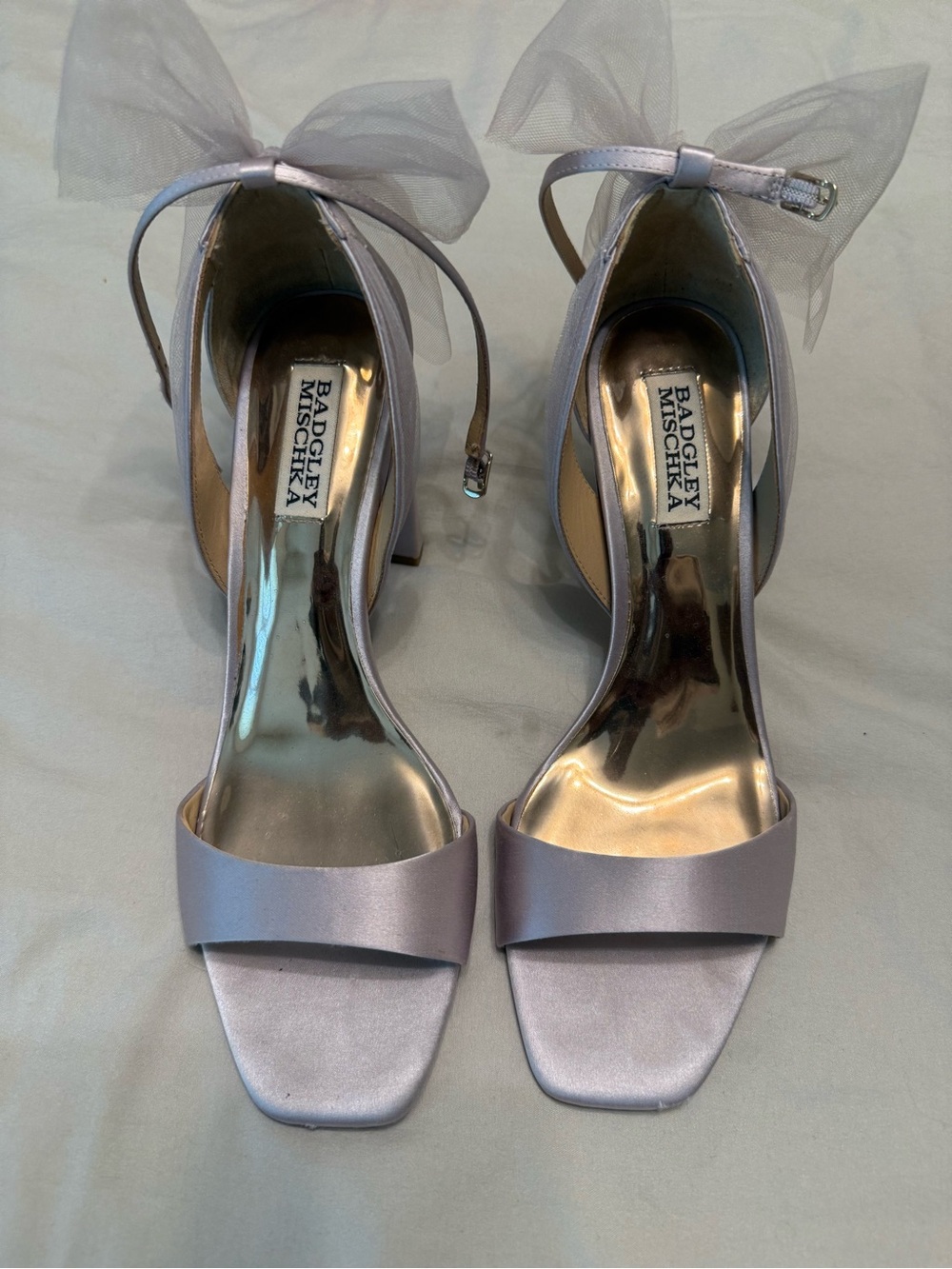 Badgley Mischka Silver/Faint Purple Satin Ankle-Strap Heels with Tulle Accent